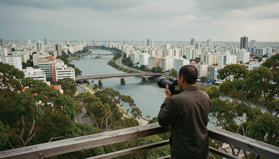 Fotógrafo de espaldas junto a la barandilla de madera de un mirador entre árboles, con un teleobjetivo, frente a una ciudad densa de bloques claros atravesada por una ría estrecha y sinuosa con puentes bajos, bajo un cielo gris.