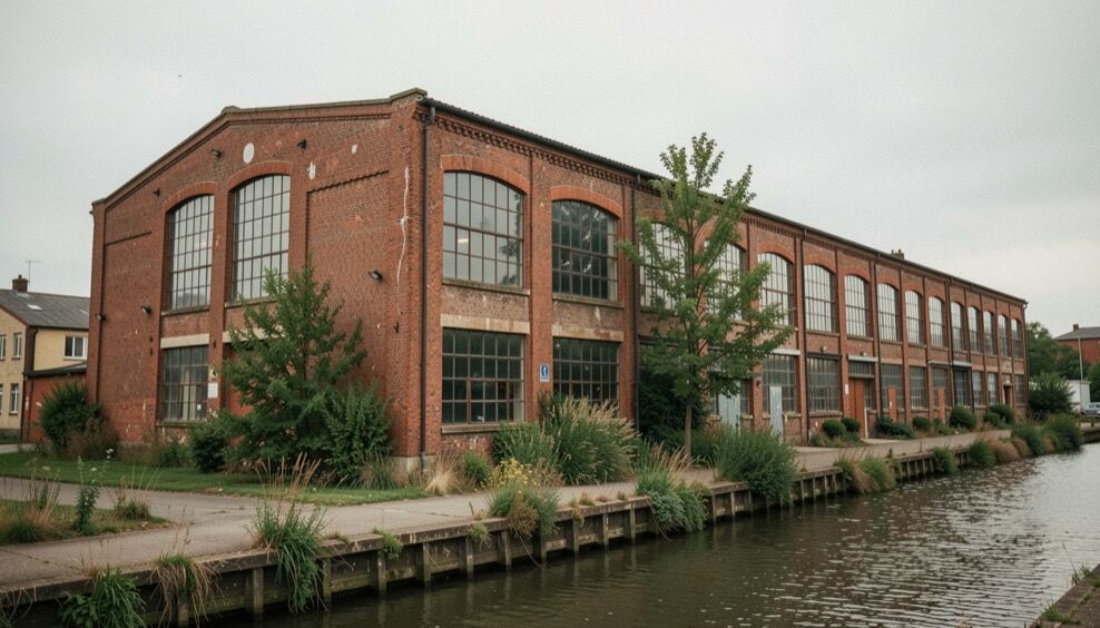 Antiguo almacén industrial de ladrillo rojo junto a un canal urbano, con ventanas grandes, vegetación espontánea y cielo gris claro de mañana.