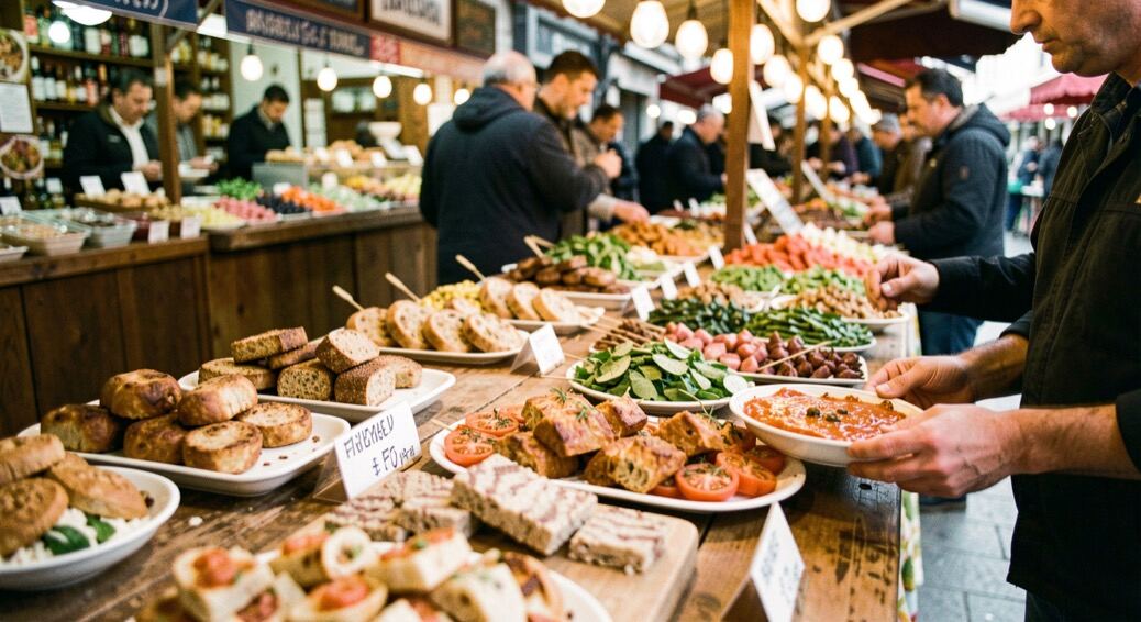 Barras de pintxos vascos sobre mostradores de madera en un mercado luminoso, con platos coloridos y manos moviéndose fuera de foco.